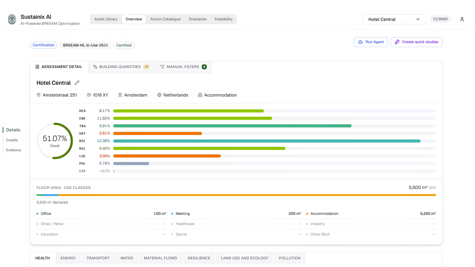 Sustainix AI BREEAM-NL In-Use assessment overview with category scores and evidence
